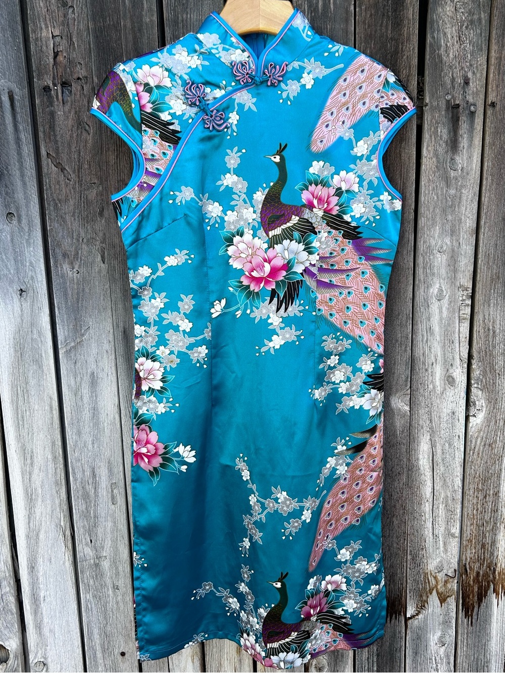 Vintage Tian Bao Gong Cheongsam Chinese Dress Peacock Satin Blue M